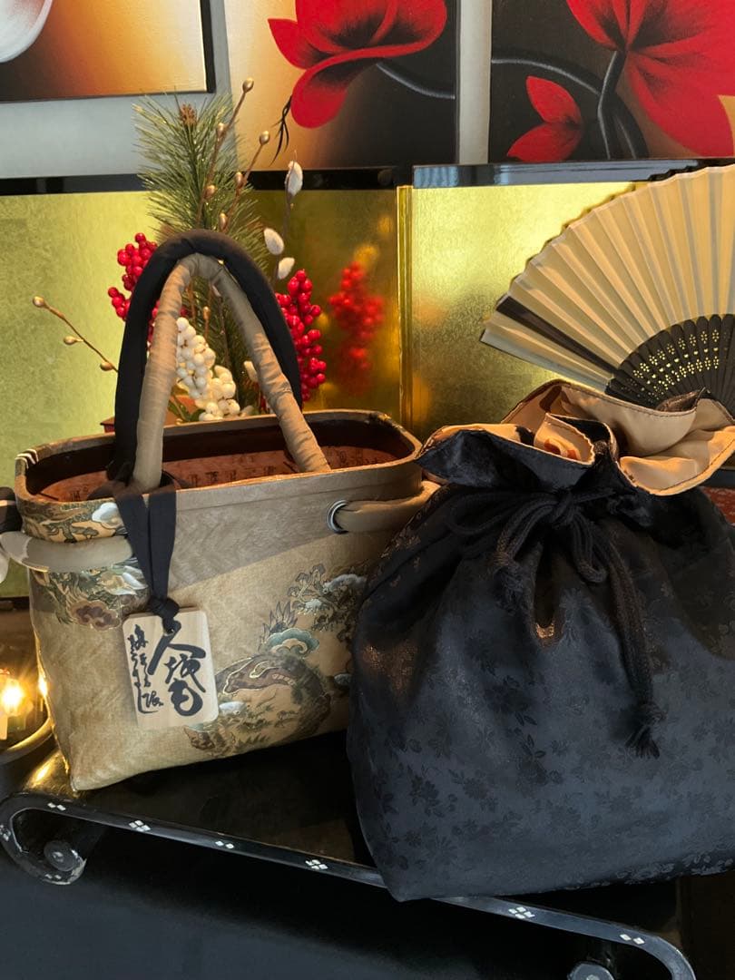 一閑張り　一閑張りバッグ　浮世絵　雲龍　古文書　和紙　竹籠　古布大正　着物　龍