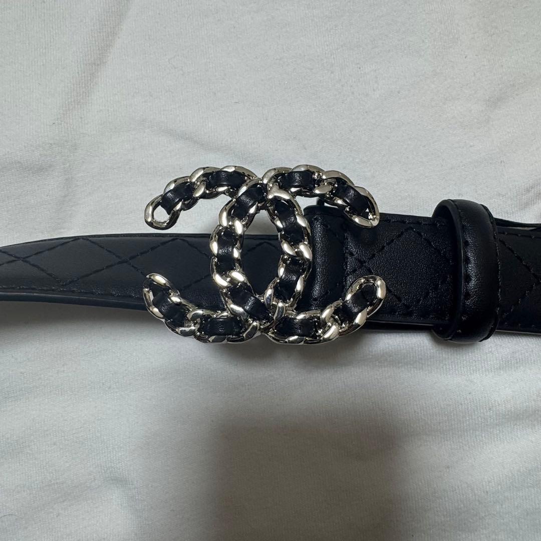 CHANEL 黒 キルティング ベルト　シルバー