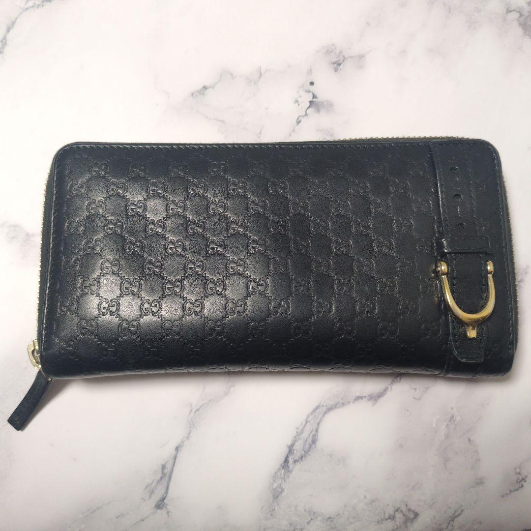 【中古品】GUCCI グッチ　長財布　パテント　マイクロ　シマ　レザー　黒