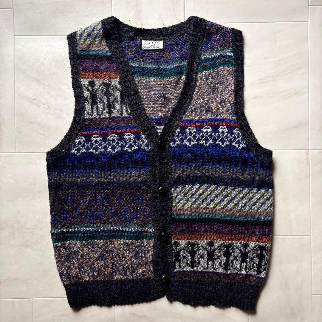 【ペルー製】 ラッファモリーナ 総柄ニットベスト アルパカ100% Lサイズ