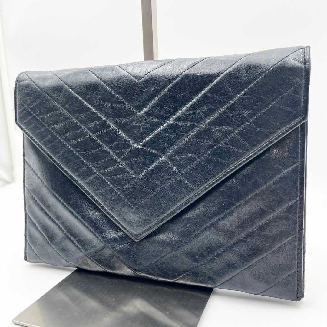 希少✨ サンローラン クラッチバッグ Vステッチ カサンドラ レザー ネイビー