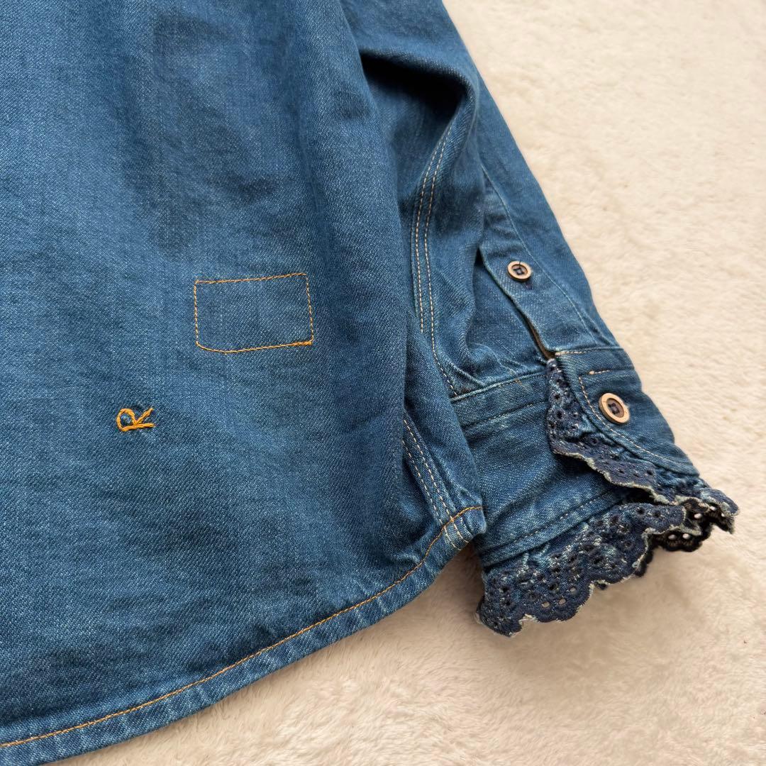 45R デニム インディゴ シャツ カットワークレース スタンドネック フリル襟