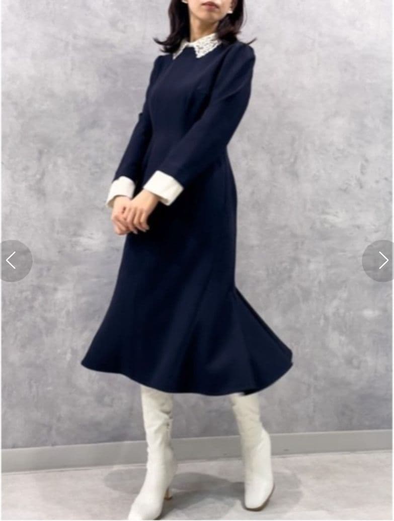 セルフォード　34 レース襟付きネイビーAラインワンピース