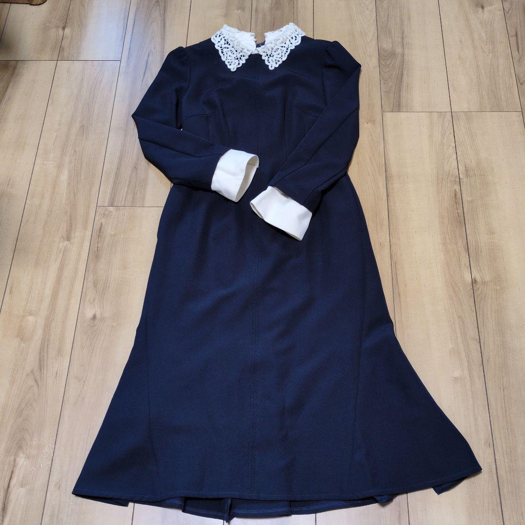 セルフォード　34 レース襟付きネイビーAラインワンピース
