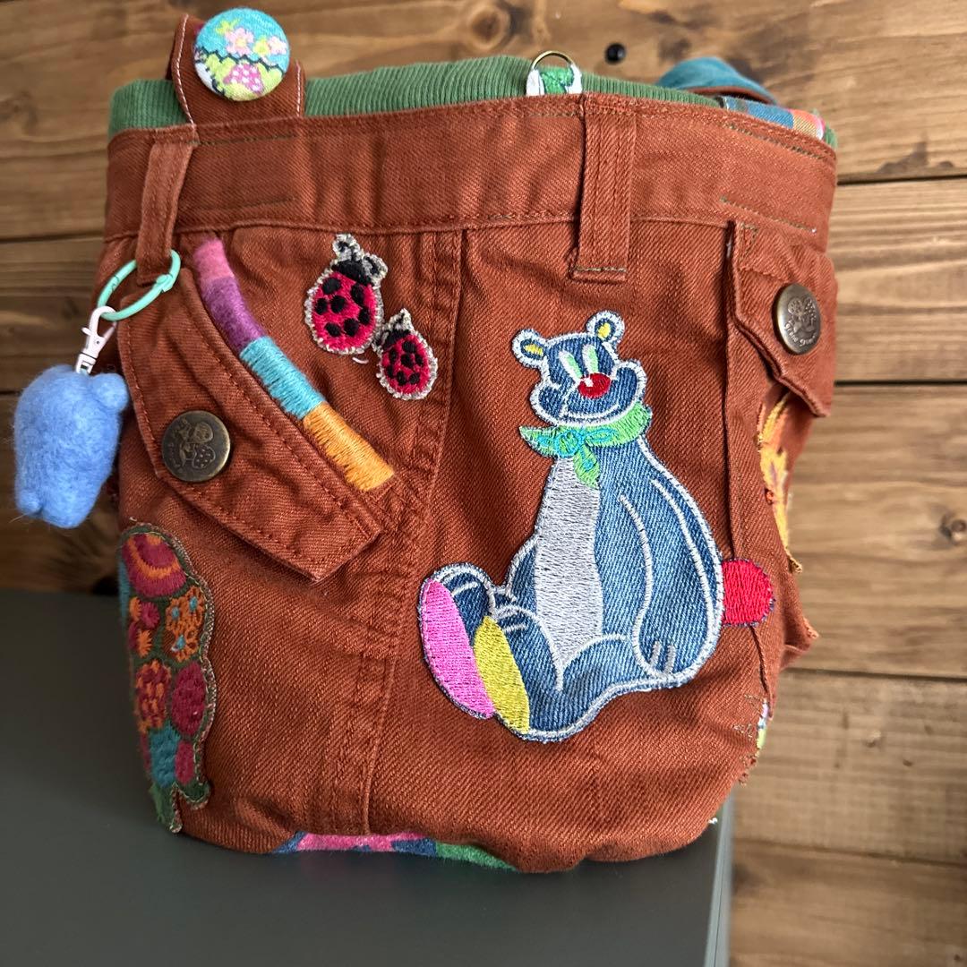 ハンドメイド デニムリメイク バッグ くまさん 楕円底 2way 55