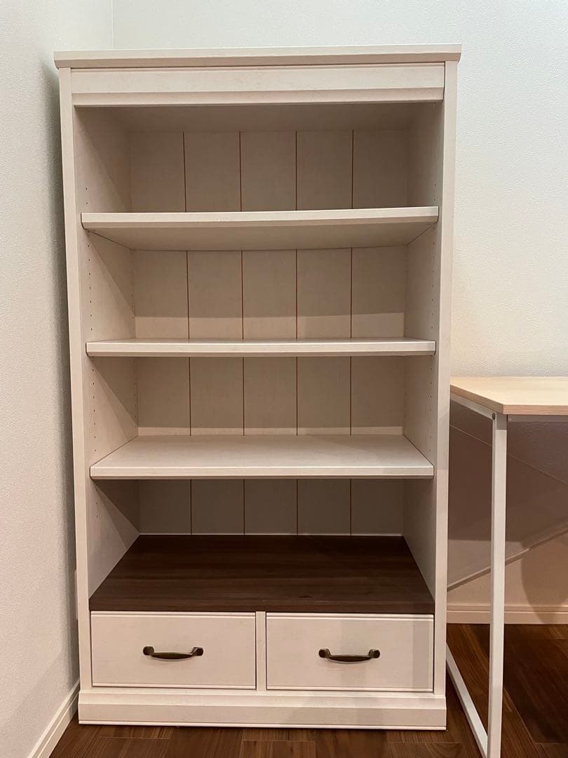 ホワイト木製本棚 ホワイトシェルフ　　引き出し付き