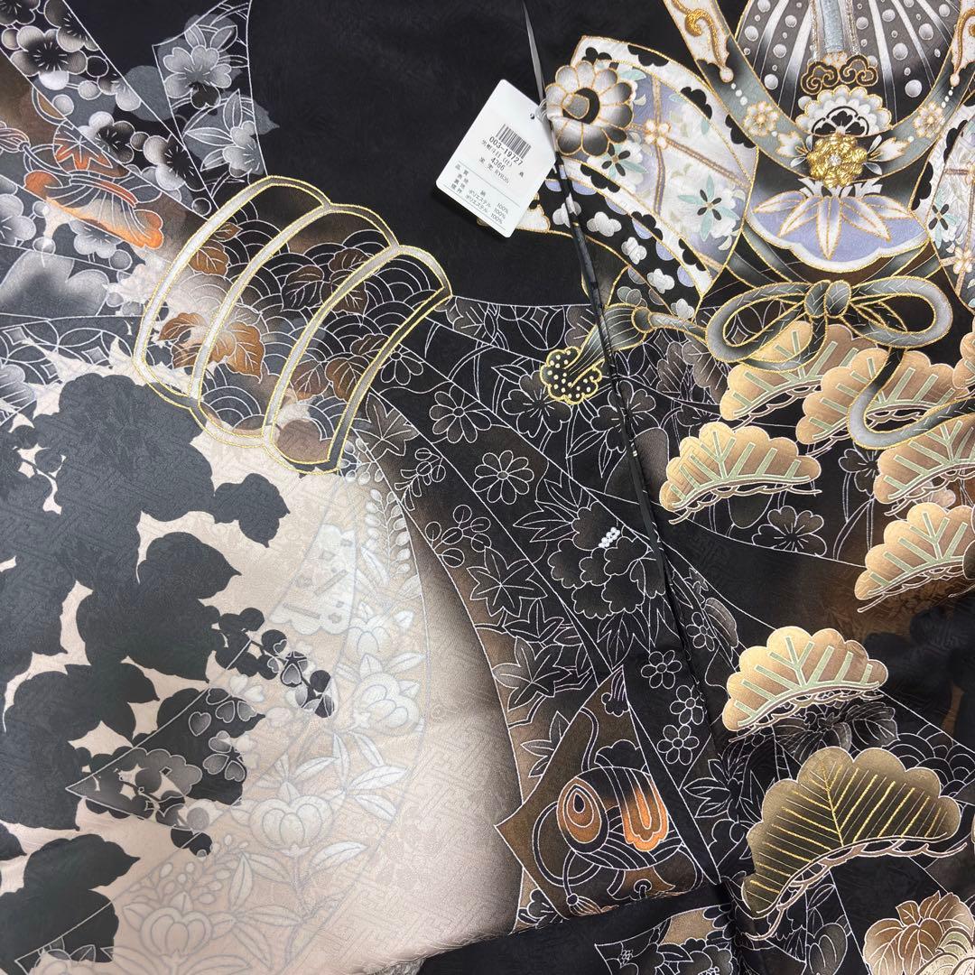 【新品/正絹 】日本製 特選京友禅染 襦袢付 新品たとう紙付 男の子 黒 兜