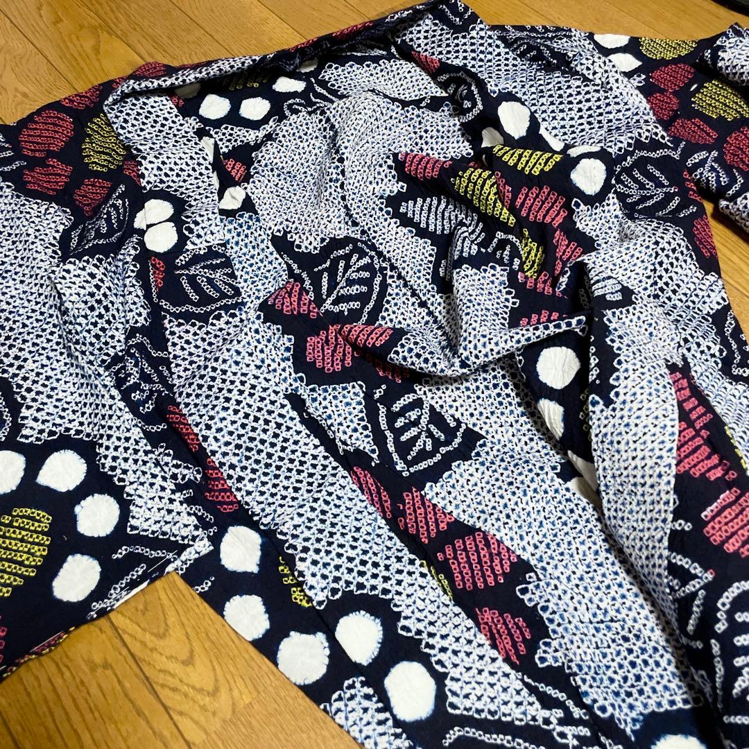 しつけ付　手縫い　総絞り　有松絞り　レトロ　花柄　夏着物　アンティーク　大人浴衣