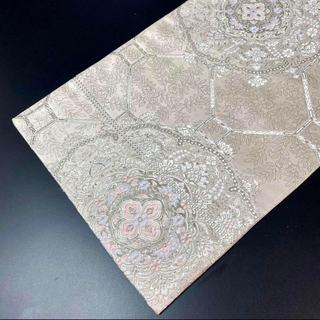 ZY-748 袋帯 吉祥鏡裏華文 銀糸 六通 正絹 白地 名品 逸品 フォーマル