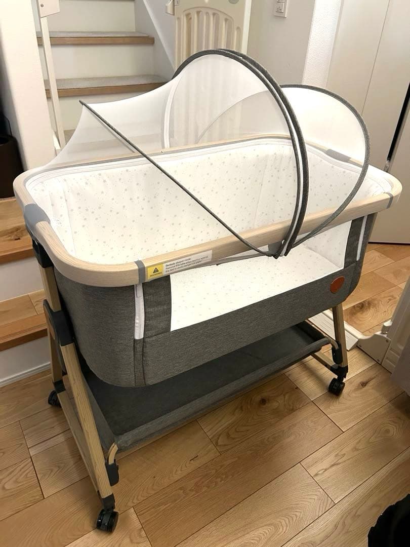 【美品】HZDMJ ベビーベッド グレー ゆりかご機能あり ※日本製マット付き