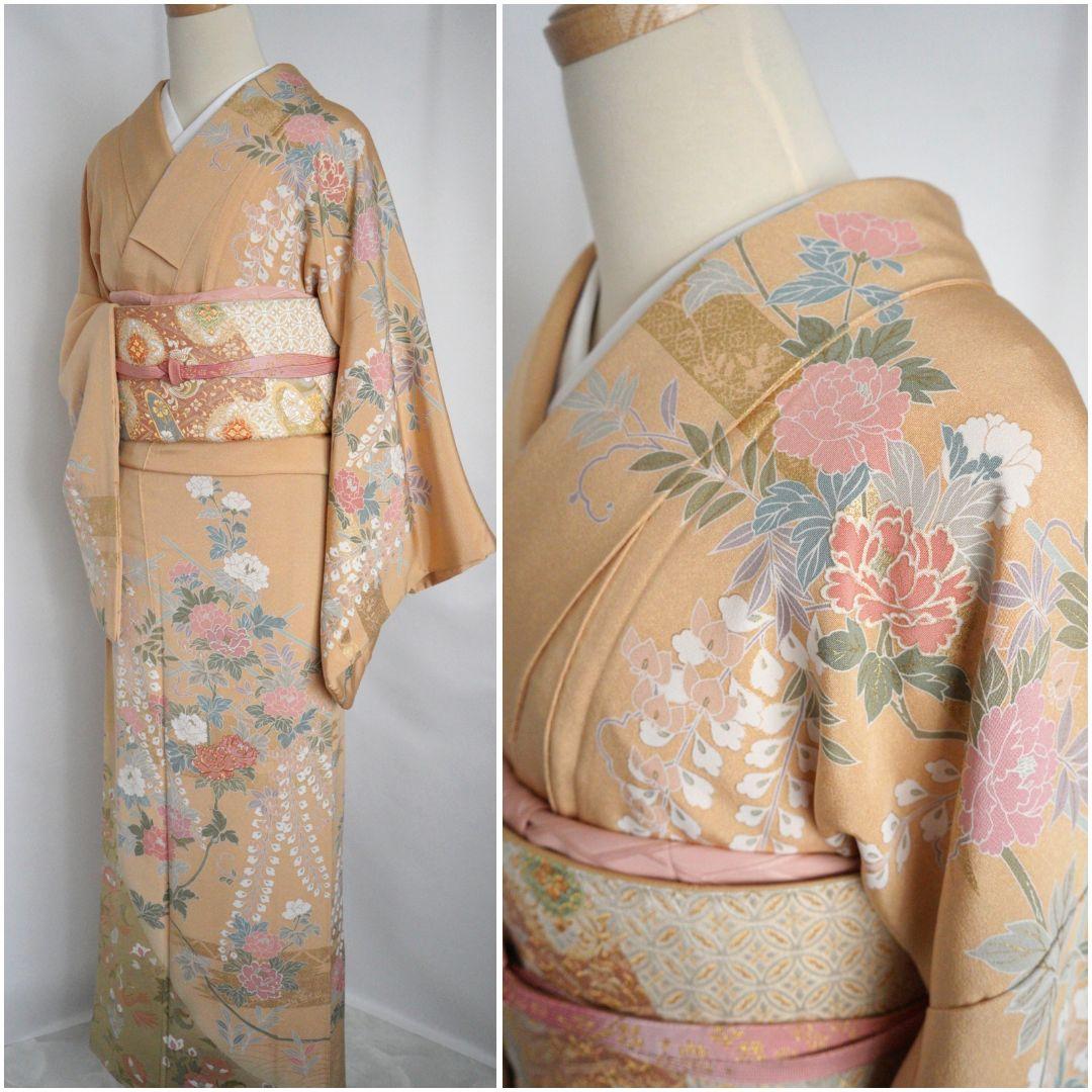 裄丈66.5cm ベージュ訪問着コーディネートフルセット 入学式など 正絹 袷