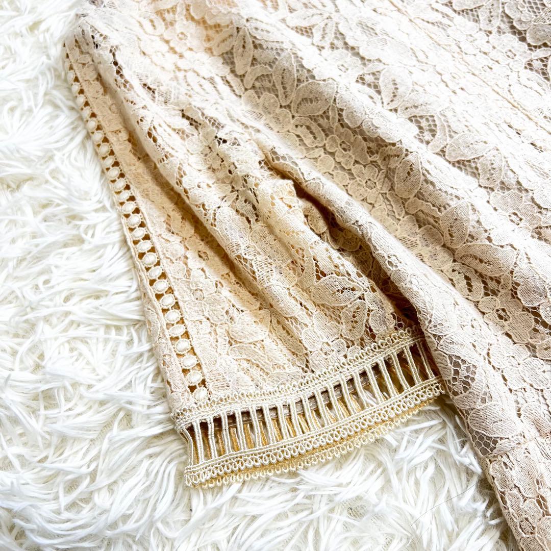 美品✨セルフォード 総レース ロングワンピース 花柄 フレア 半袖 ベージュ