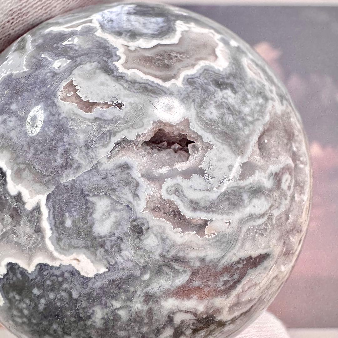 【D279】レアカラー×ほんわかパープル モスアゲートスフィア 約63.5mm