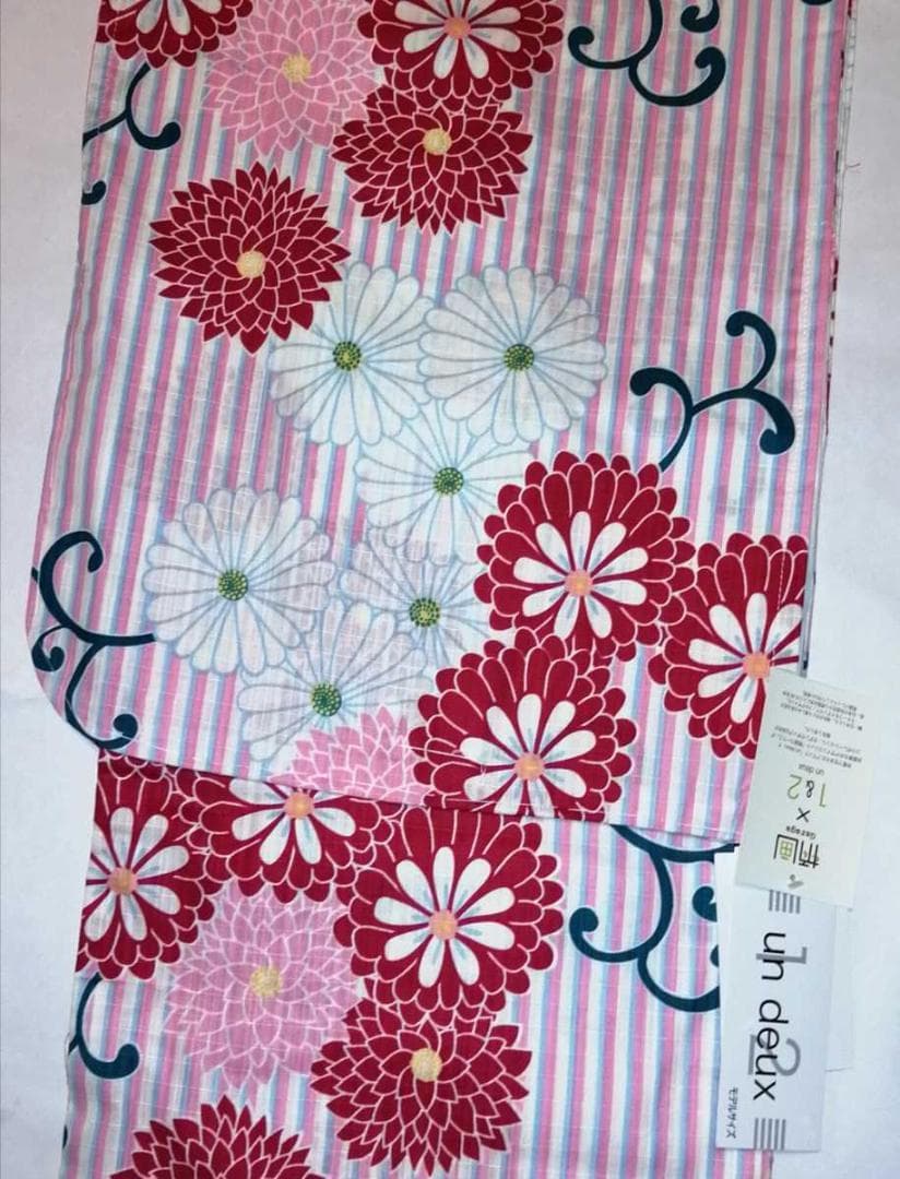 ★un deuxブランド浴衣★ピンク白縦縞.古典菊レトロ柄★ふりふ