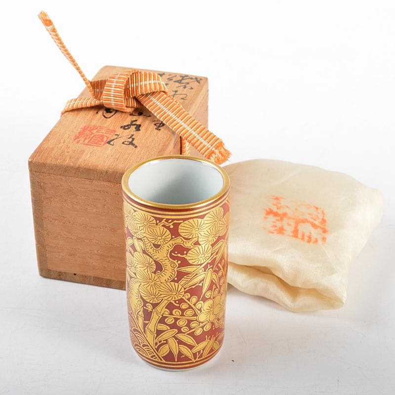 煎茶道具　三浦竹軒作　赤絵金彩　松竹梅文　巾筒　共布共箱　V　R5625
