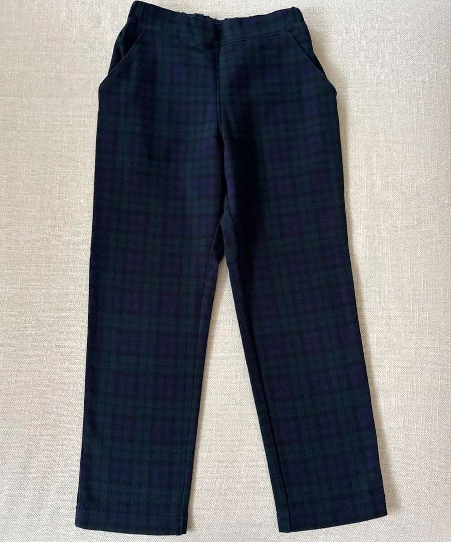 ファミリア　現行品　チェック　ロングパンツ　ネイビー　グリーン　プルオン　ゴム