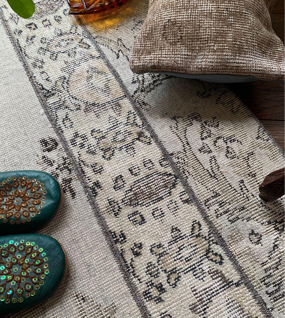 トルコヴィンテージラグ　ランナー　147×51アイボリー　グレージュ　トルコラグ