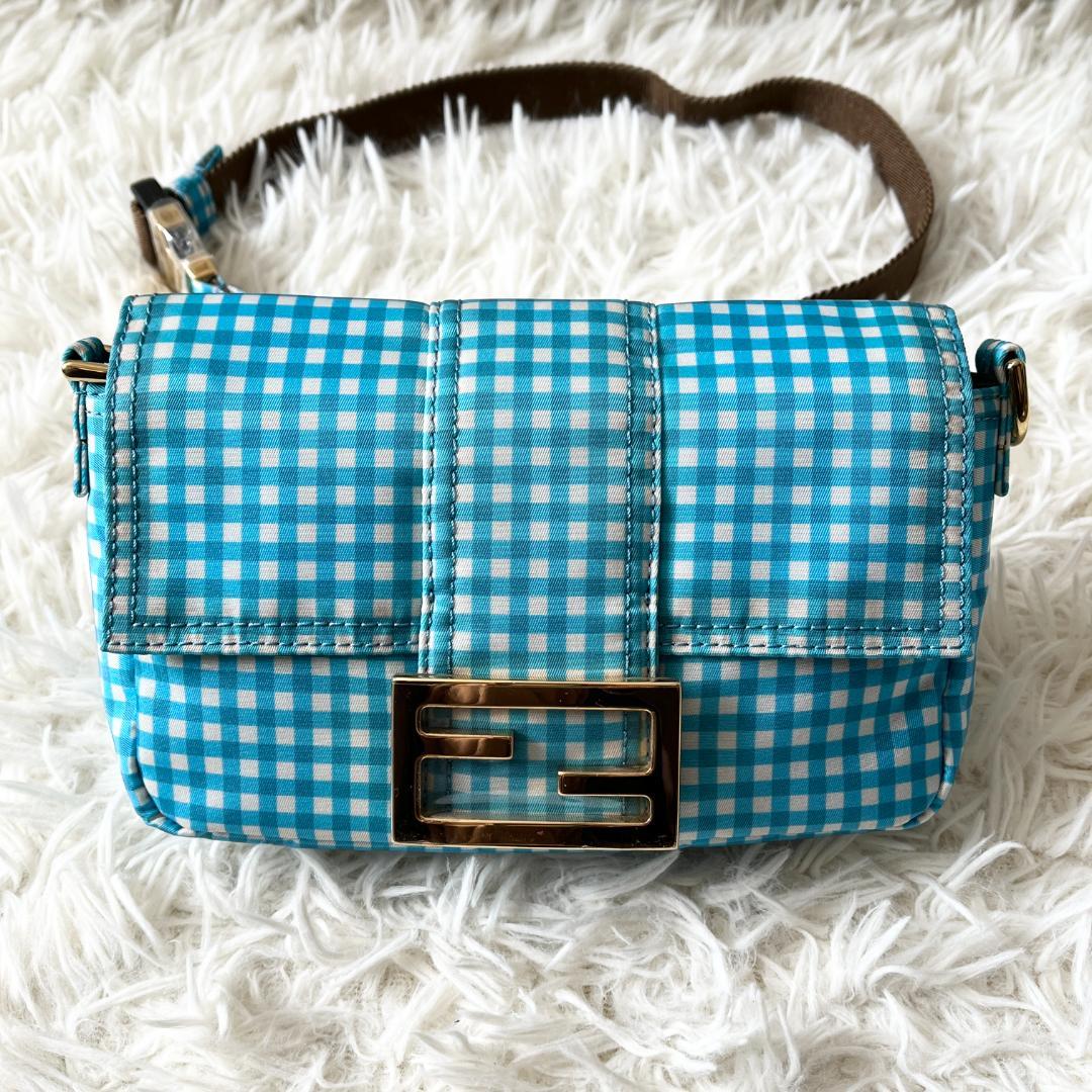 FENDI ウエストバッグ 水色 チェック柄 ショルダーバッグ ライトブルー