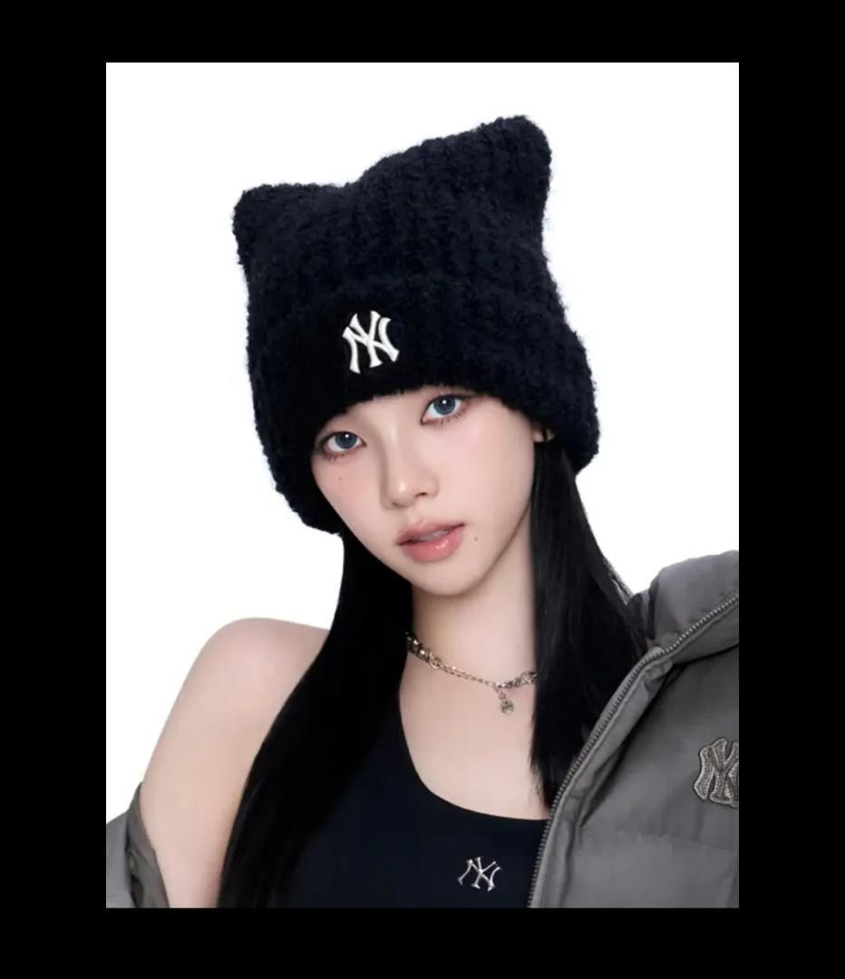 【新品】カリナ着用モデル 黒 MLB韓国公式ショップ限定 ビーニー 猫耳ニット帽