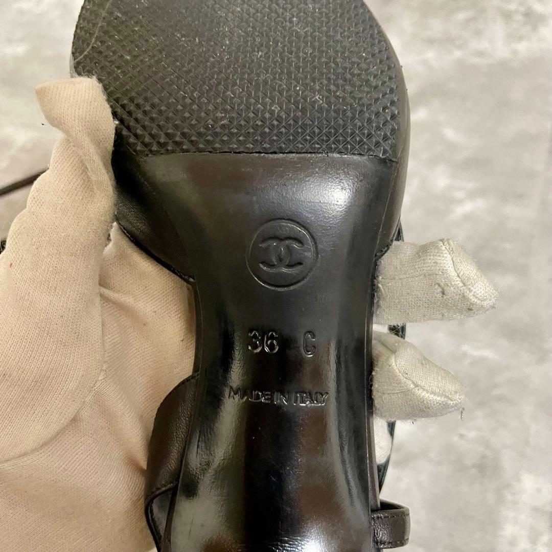 箱あり CHANEL シャネル バックスリング リボン ブラック ヒール