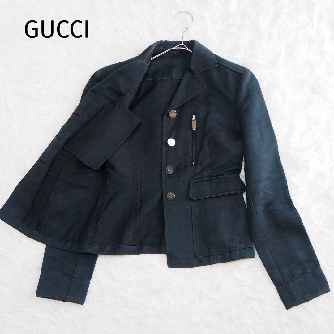 GUCCI グッチ テーラードジャケット ロゴボタン リネン 深緑 38