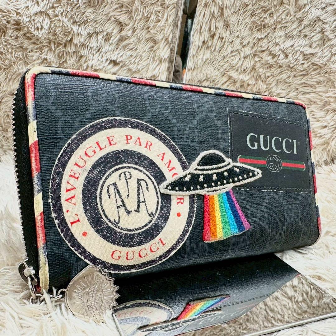 【美品】グッチ 長財布 ラウンドファスナー ブラック スプリーム UFO
