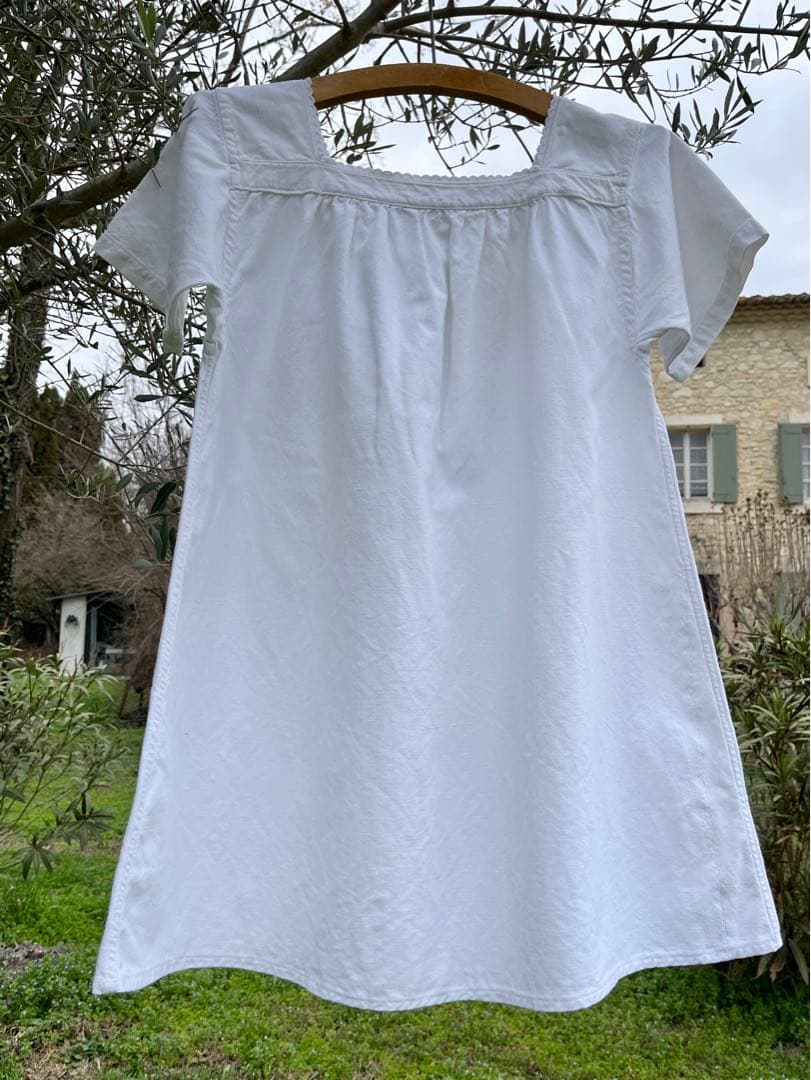 ◆フランスアンティーク｜半袖スモック、チュニック、イニシャル刺繍、白