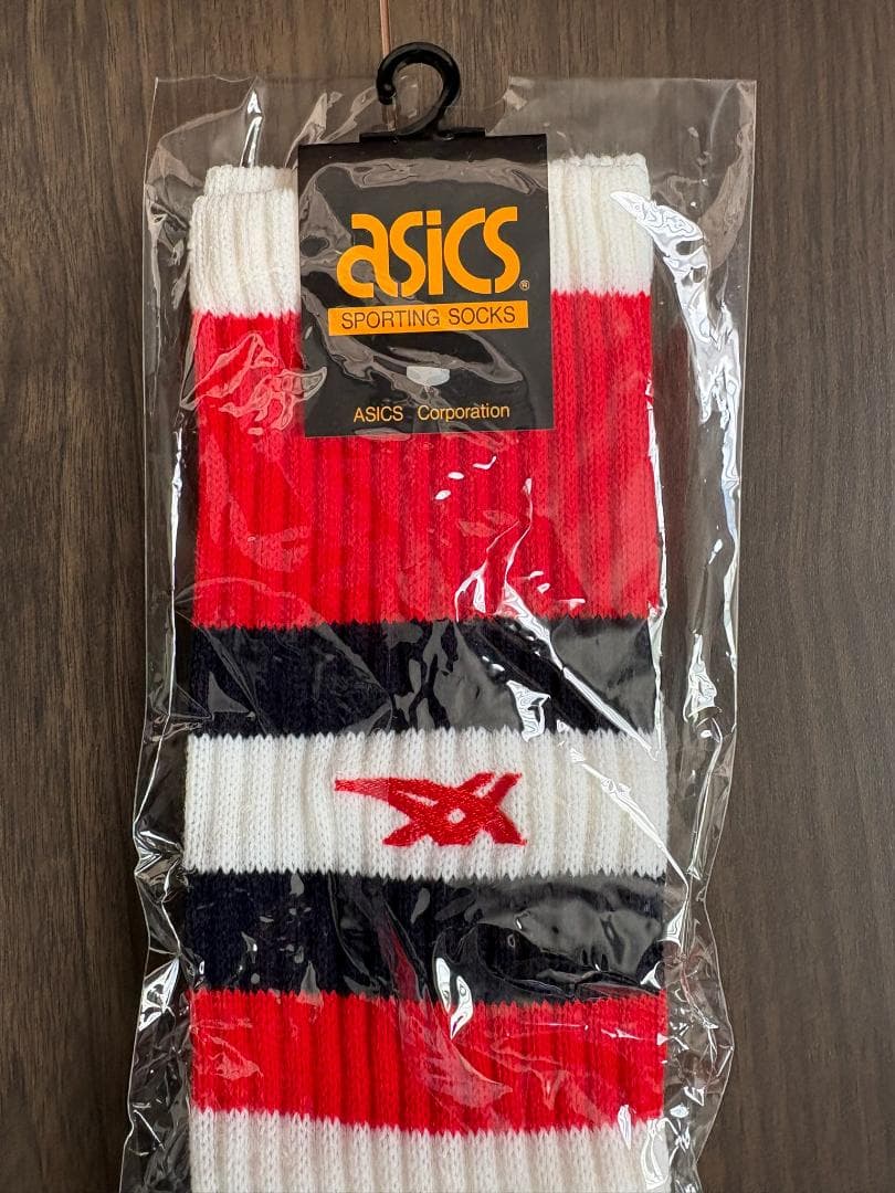 【新品】アシックス　ハイソックス　赤/紺ライン(26～28cm)