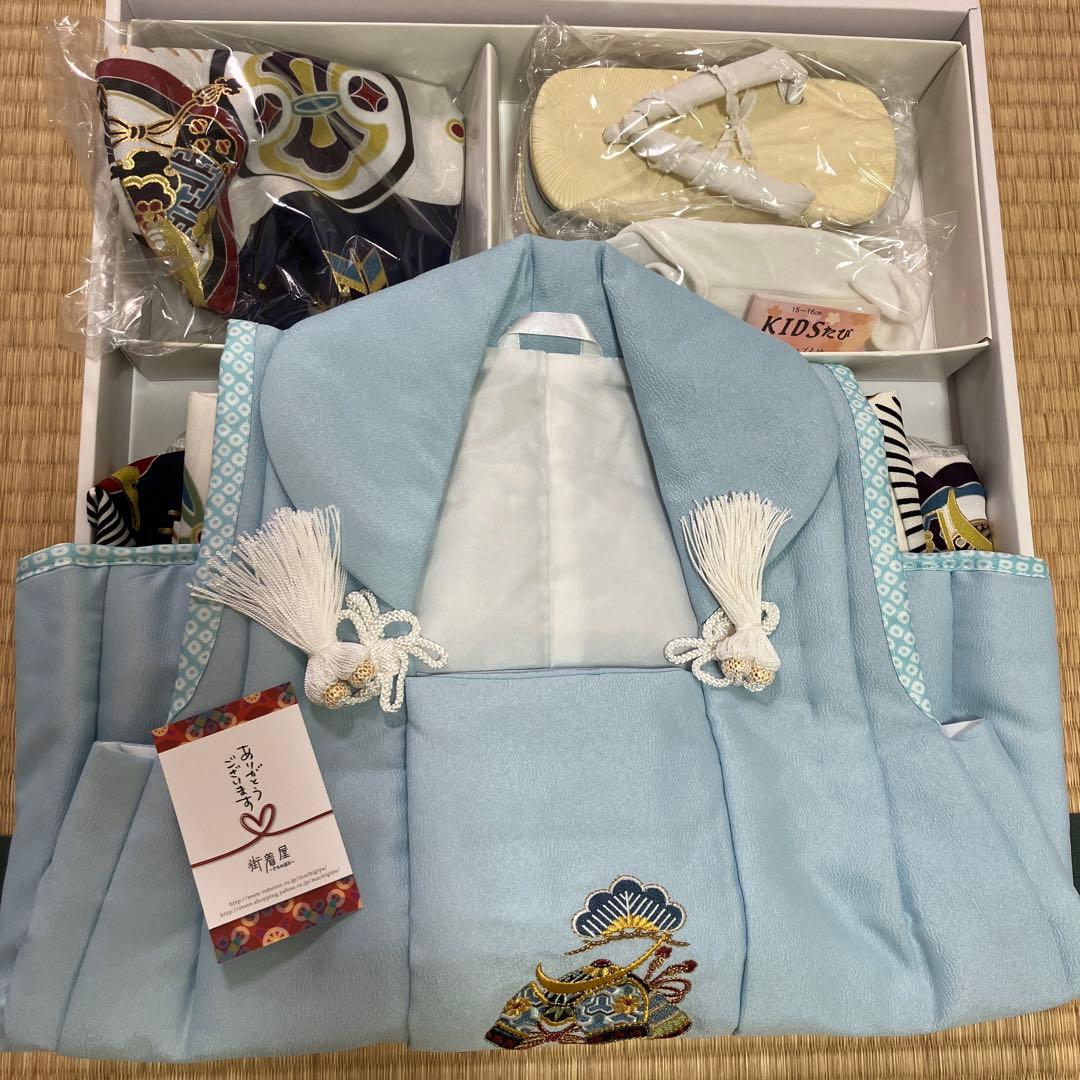 【美品】小町キッズ　3歳　七五三　男の子　被布セット　着物　水色　紺色