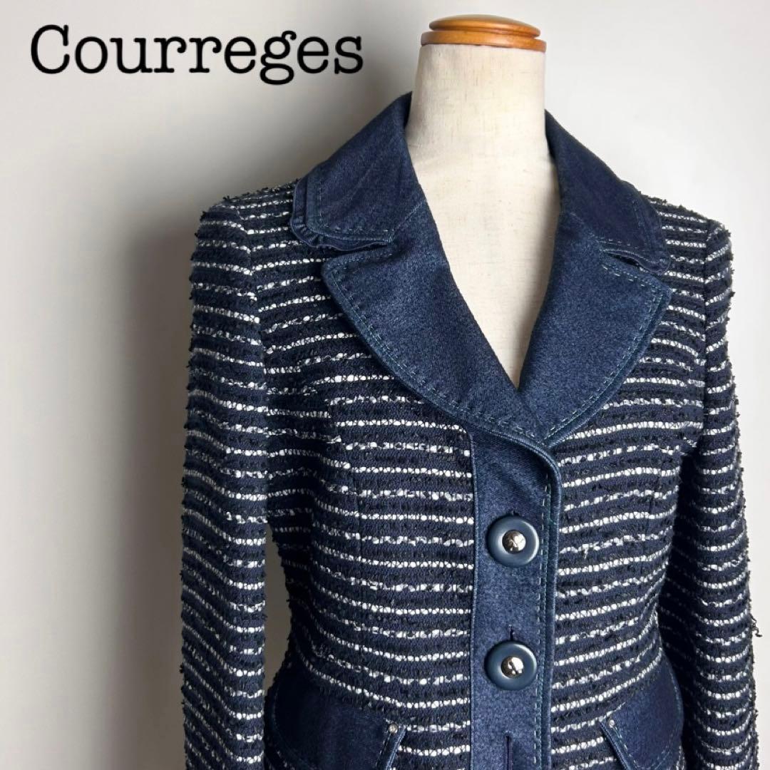 美品♡クレージュ/サマーツイード×デニム切り替えデザインジャケット/ネイビー/L