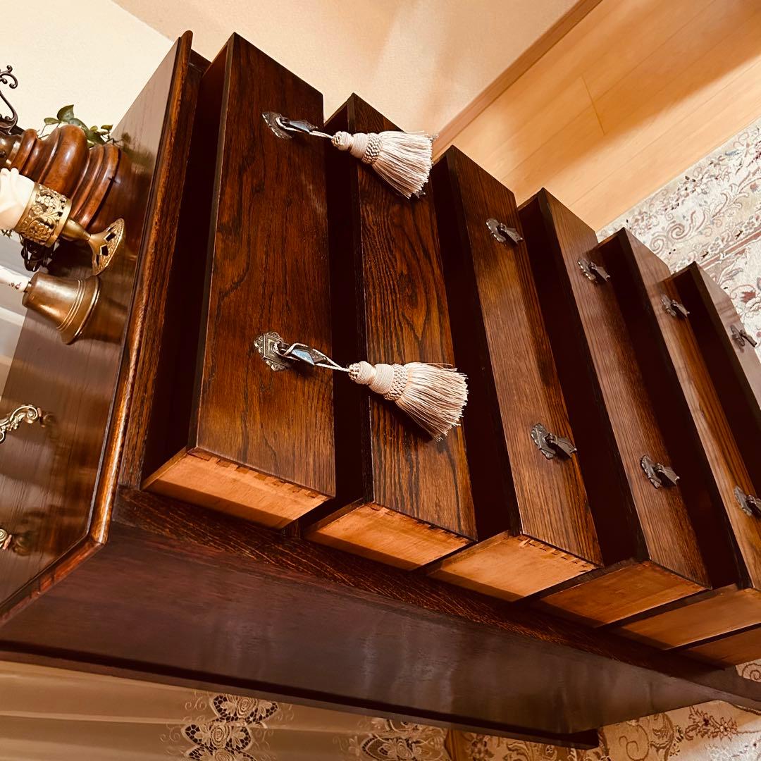 イギリスアンティーク　オーク材　ハイチェスト　6段キャビネット　英国家具