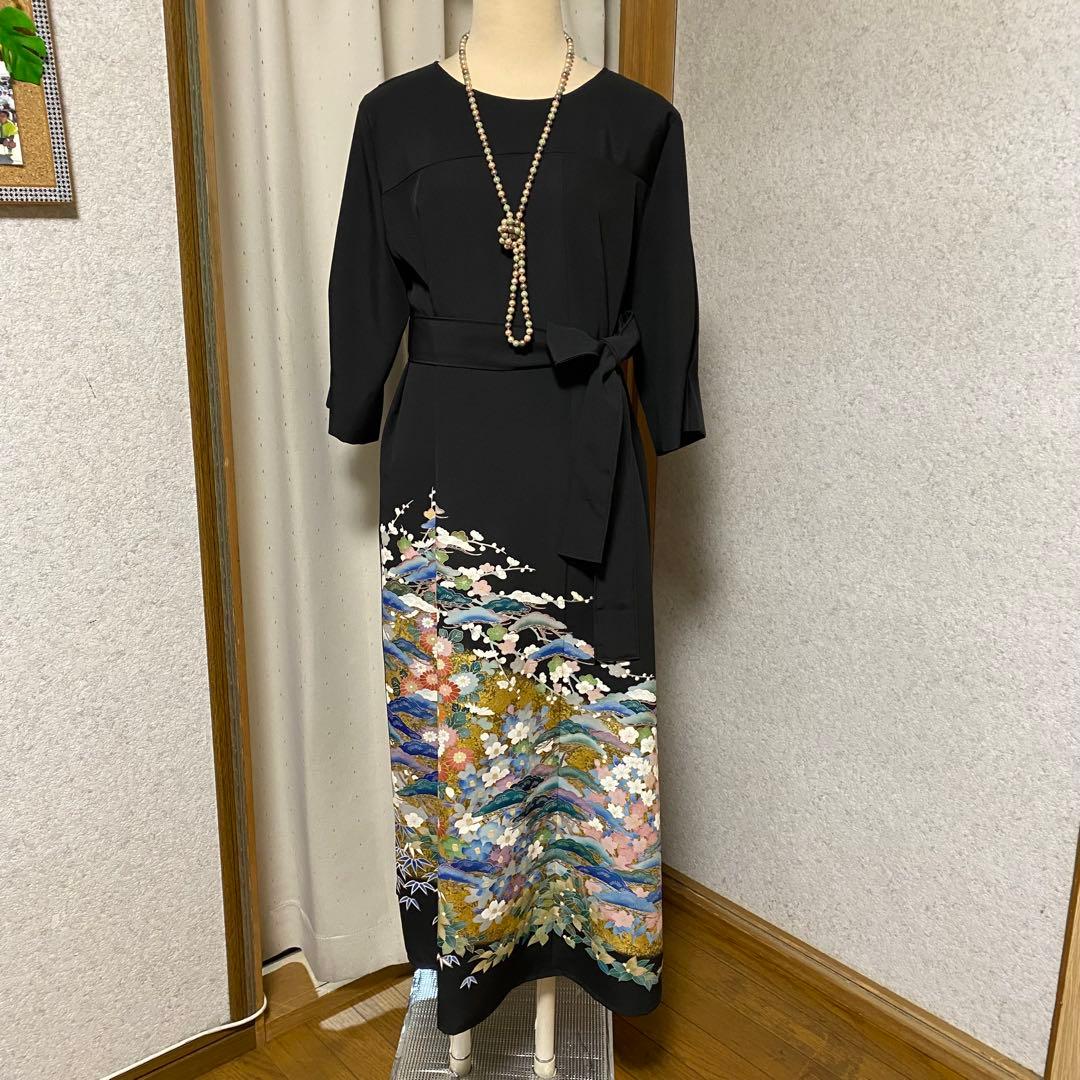 《LL 118cm》黒留袖リメイク 京友禅 七分袖ワンピース