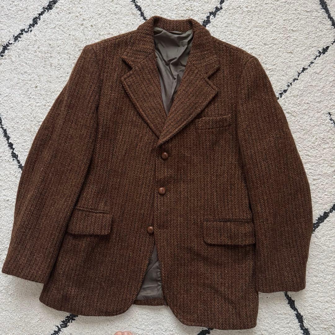 60s ハリスツイード　テーラードジャケット　ヘリンボーン　ブラウン　胡桃ボタン