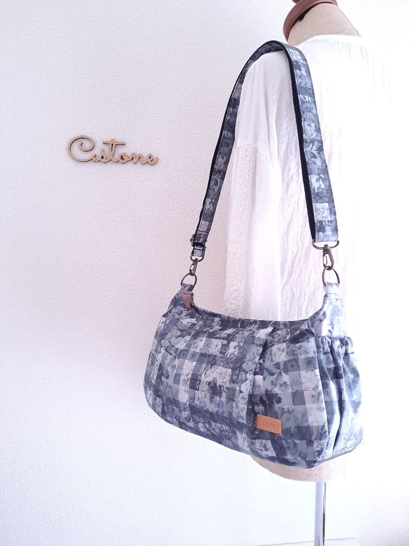 持ち手別売り　リバティ　ラミネート　アーカイブギンガム　グレー　横長ショルダー