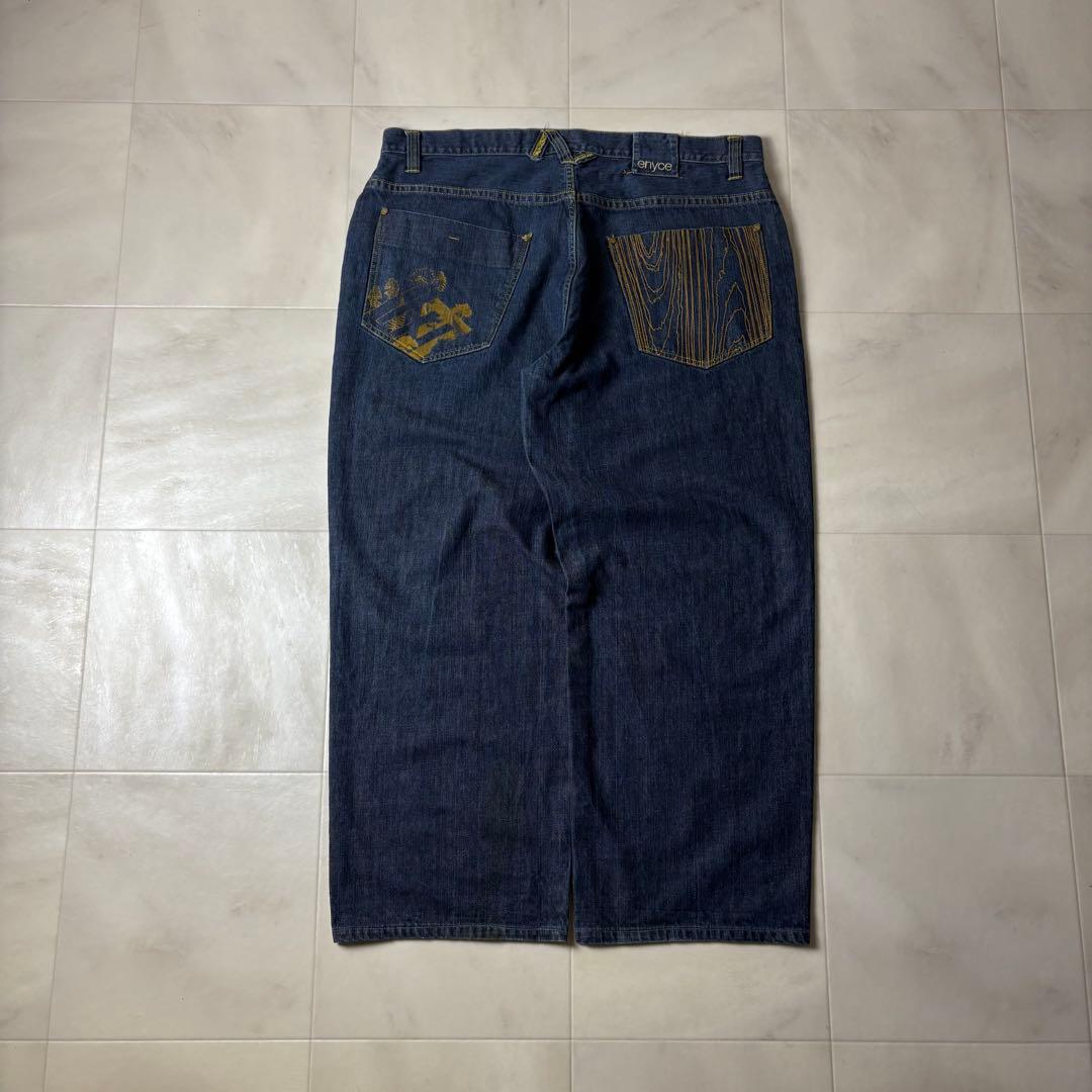 ENYCE 刺繍デザイン 極太 スーパーワイド デニム バギーパンツ 濃紺 B系