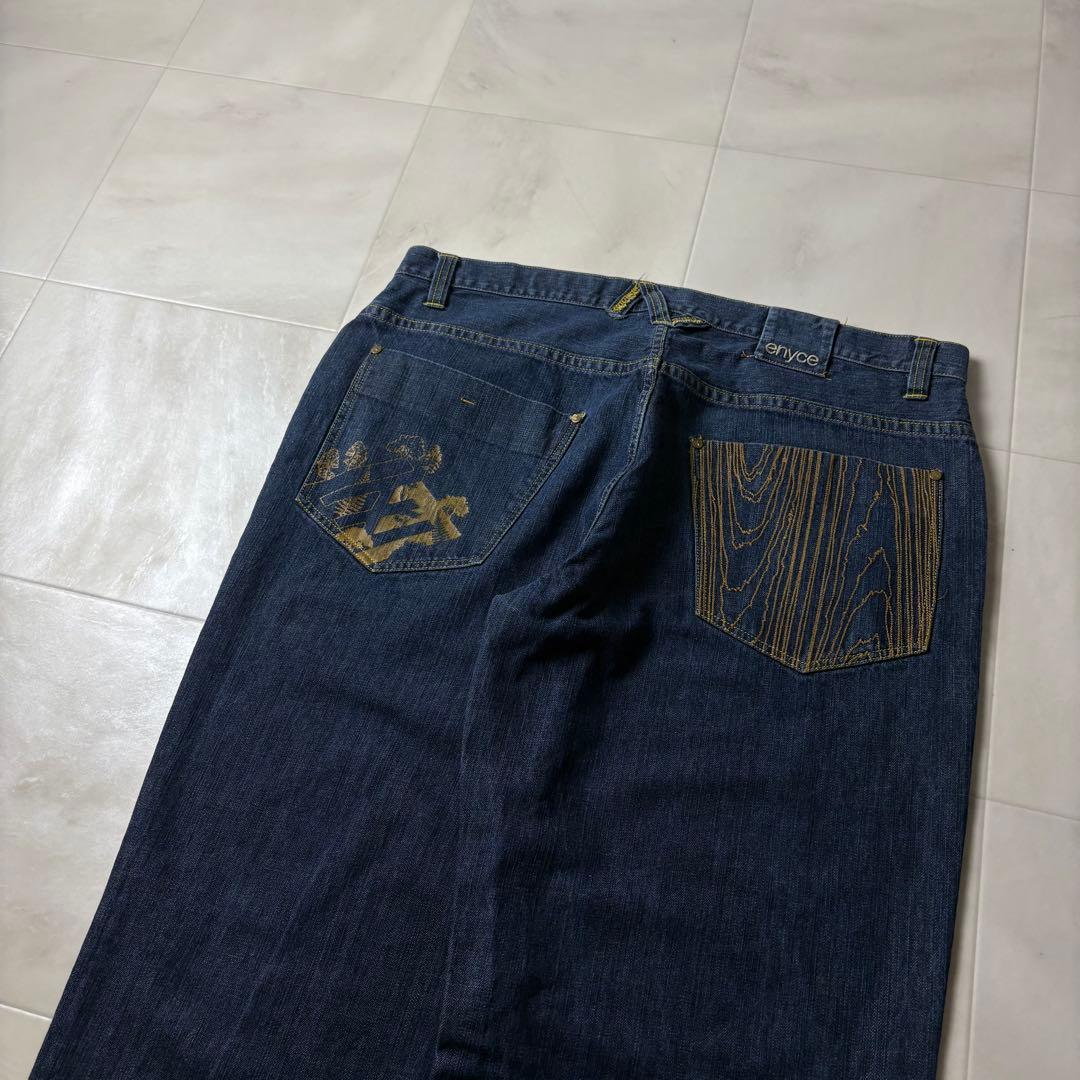ENYCE 刺繍デザイン 極太 スーパーワイド デニム バギーパンツ 濃紺 B系