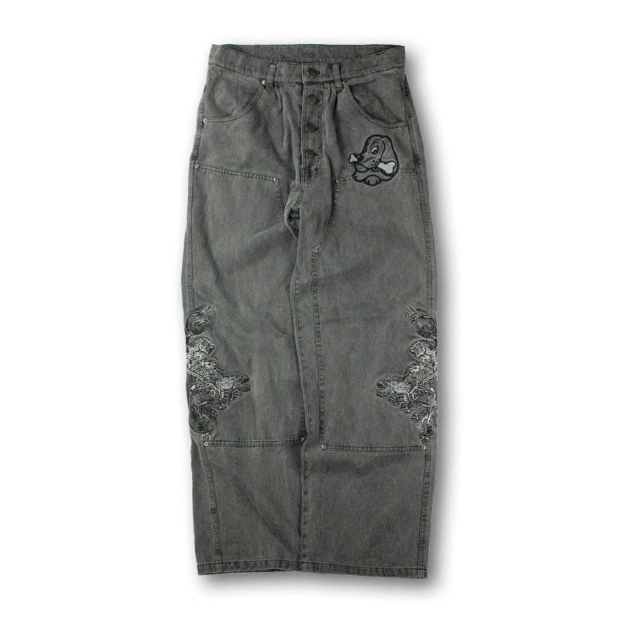 SALE・新品 ガルフィー 刺繍 Wニーパンツ XL 黒 グレー ビッグ 龍
