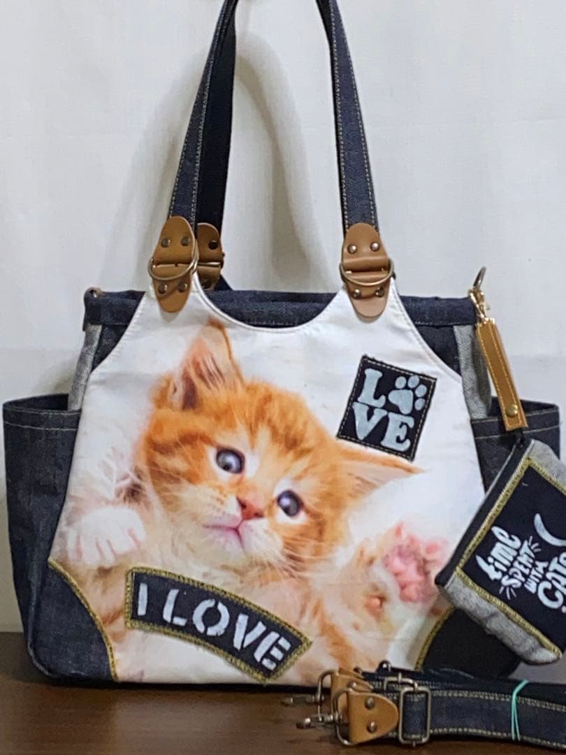 お値下げ☆岡山デニム☆子猫☆トラネコ☆リュック対応☆4wayあおりバッグ