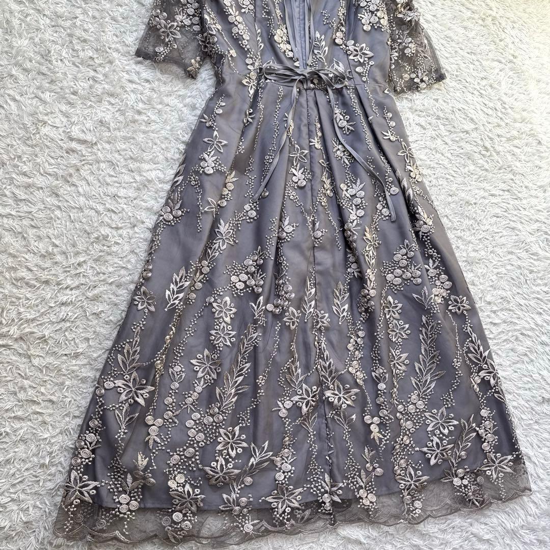 極美品 niana 刺繍レース バックリボン パーティードレス 二次会 M