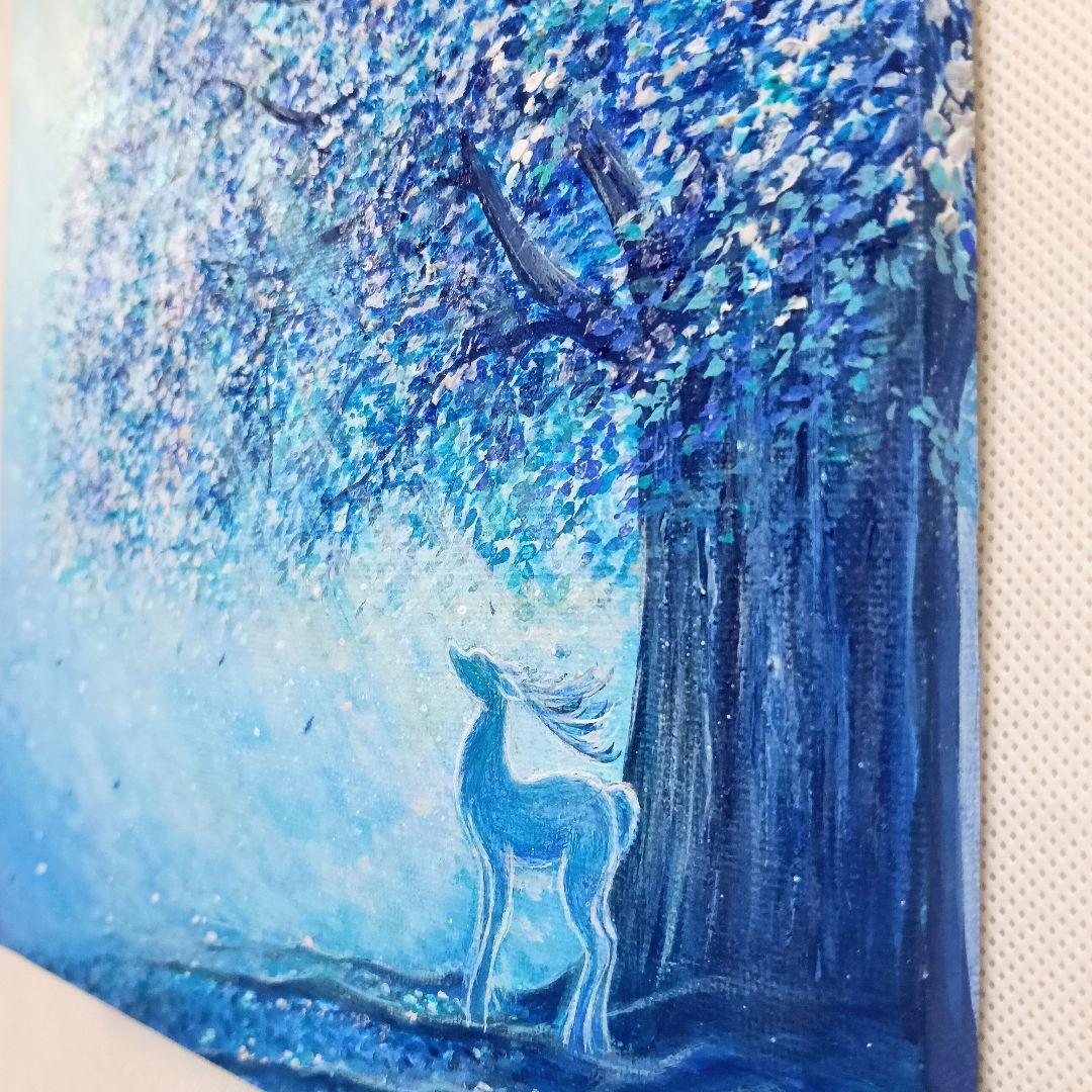No.534 F3キャンバス　アクリル画　原画　青い絵　鹿　青い木　開運絵画