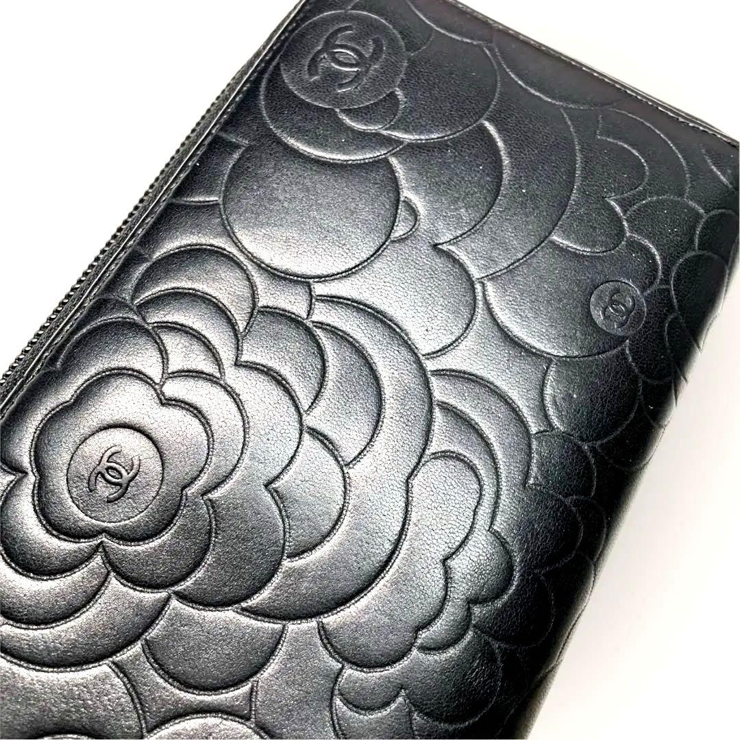 美品✨ CHANEL シャネル カメリア ラウンドジップ 長財布 黒 ゴールド