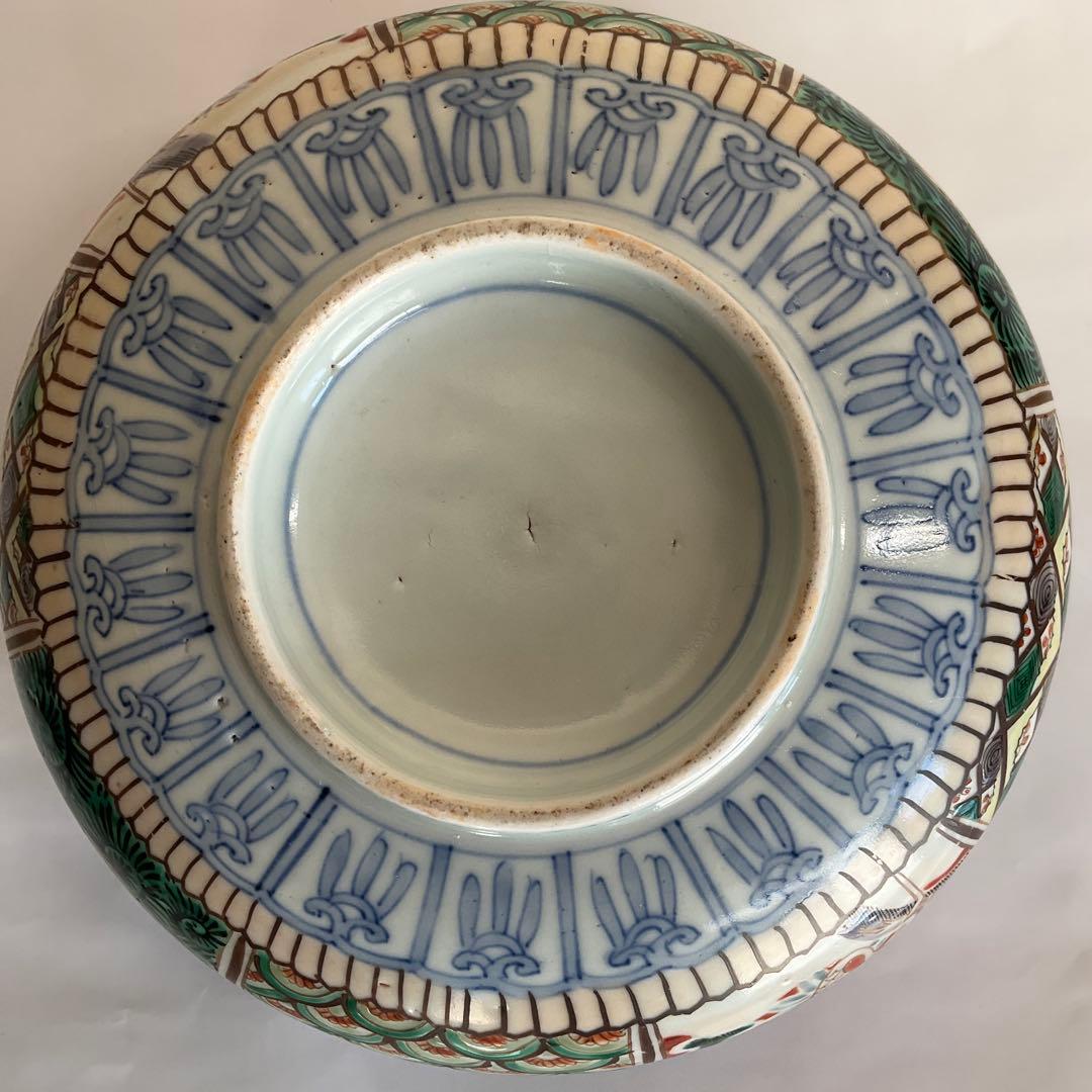 九谷焼　大聖寺伊万里　色絵草花山水鶴文深鉢　江戸時代中期から後期頃