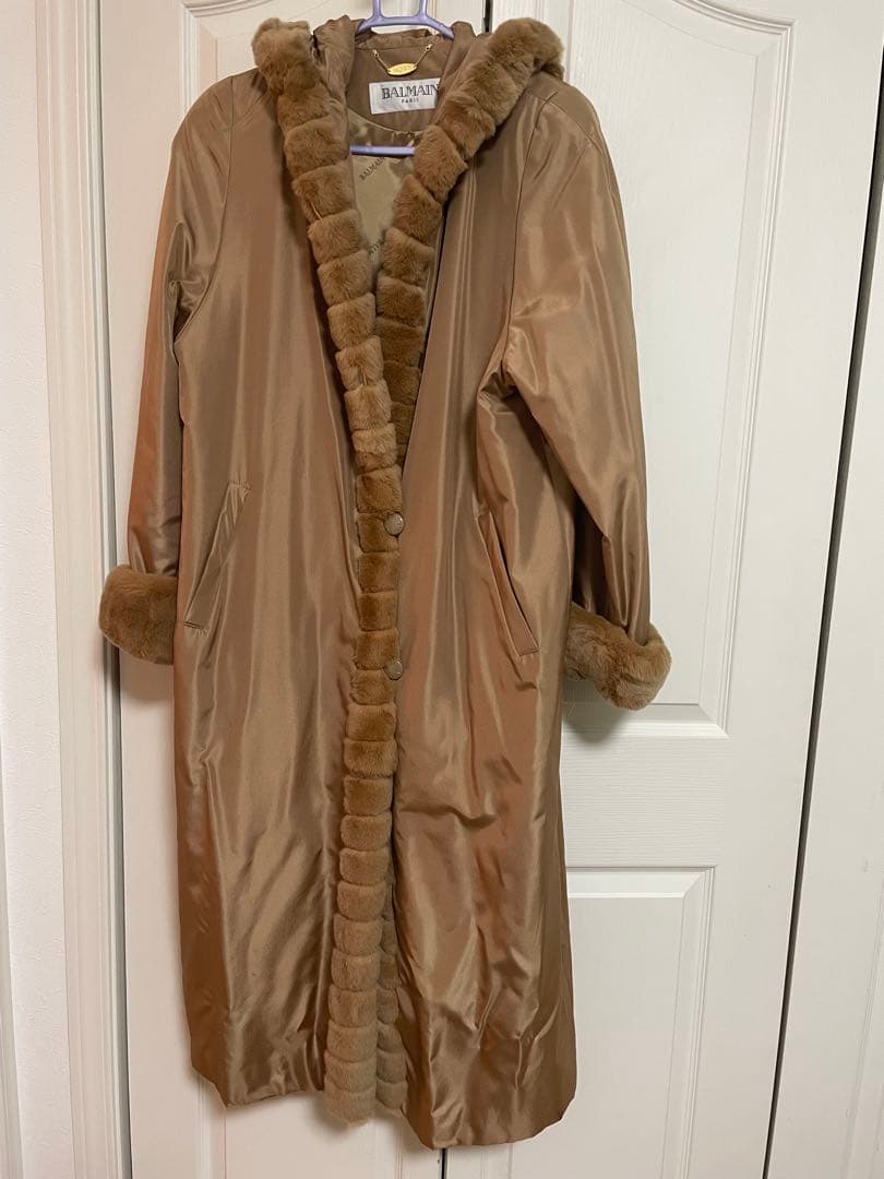 バルマン BALMAIN シルク コート ロング ファー付き 9号
