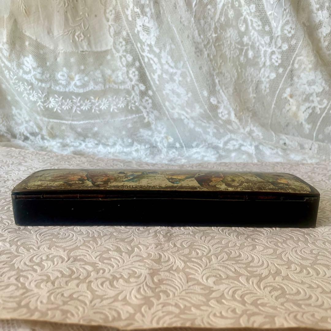 パピエマシェ小鳥柄ペンケース 筆箱　フランスアンティーク 雀　スズメ　バード