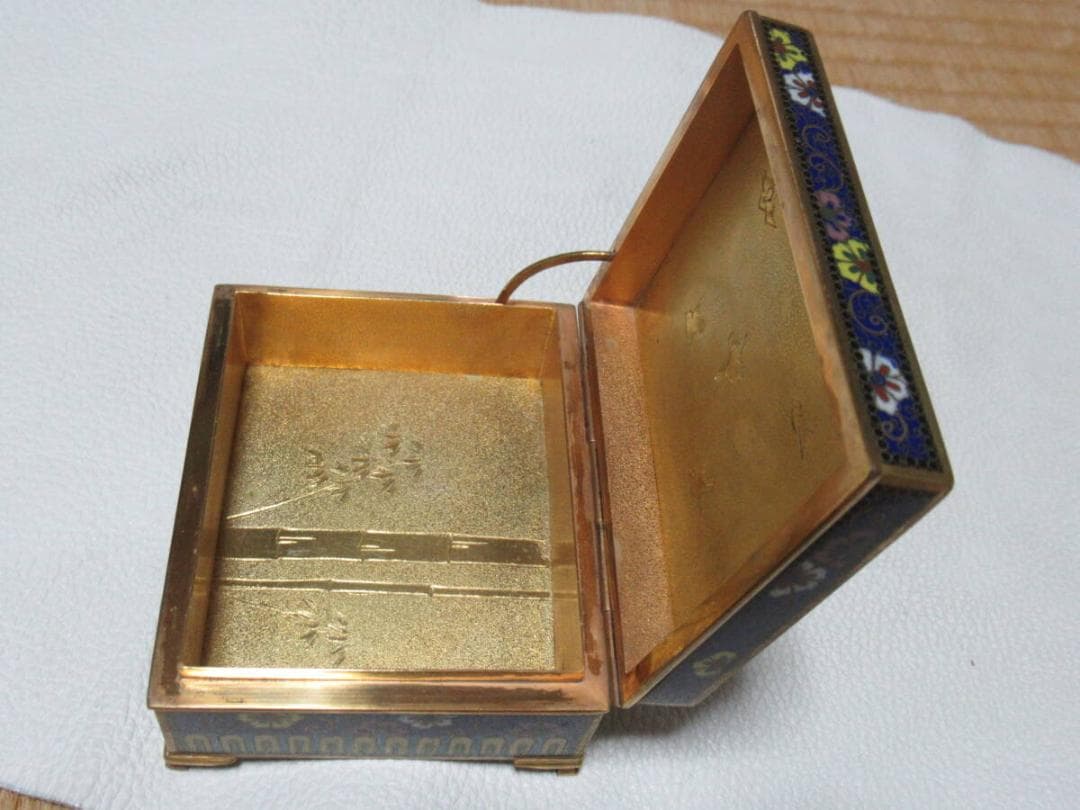 希少 明治30年◆京七宝 稲葉七宝 内金鍍金(竹/雀) 外観(花鳥図) 小物入れ