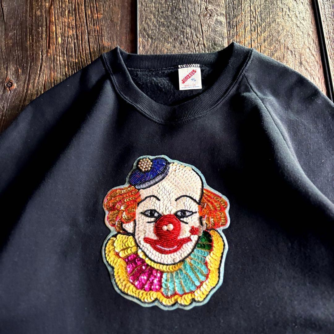 80s USA製　ジャージーズ　ラグランスウェット　ピエロスパンコール刺繍XL.