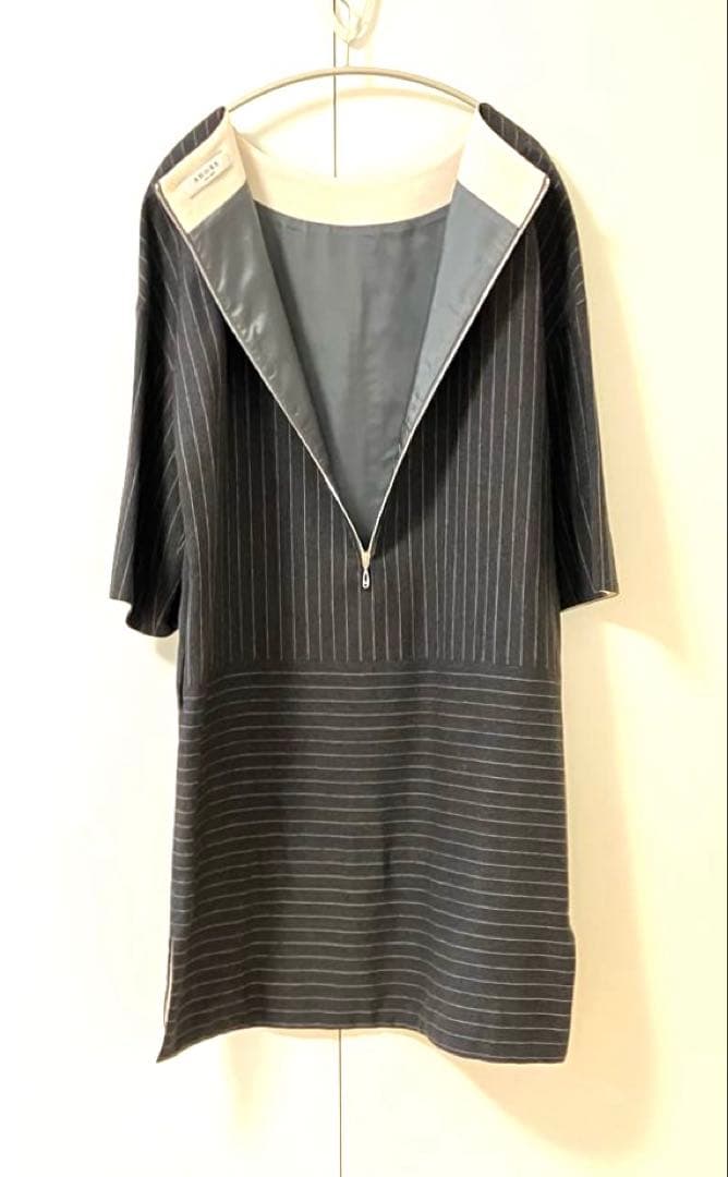 日本製【ADORE/アドーア】グレー・ストライプ・ウール100%七分袖チュニック