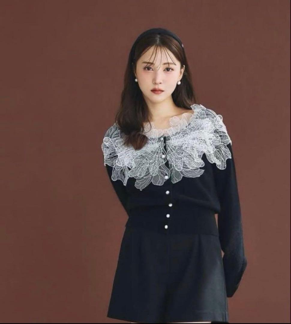 poláura ポローラ レースフリルカーディガン ブラック