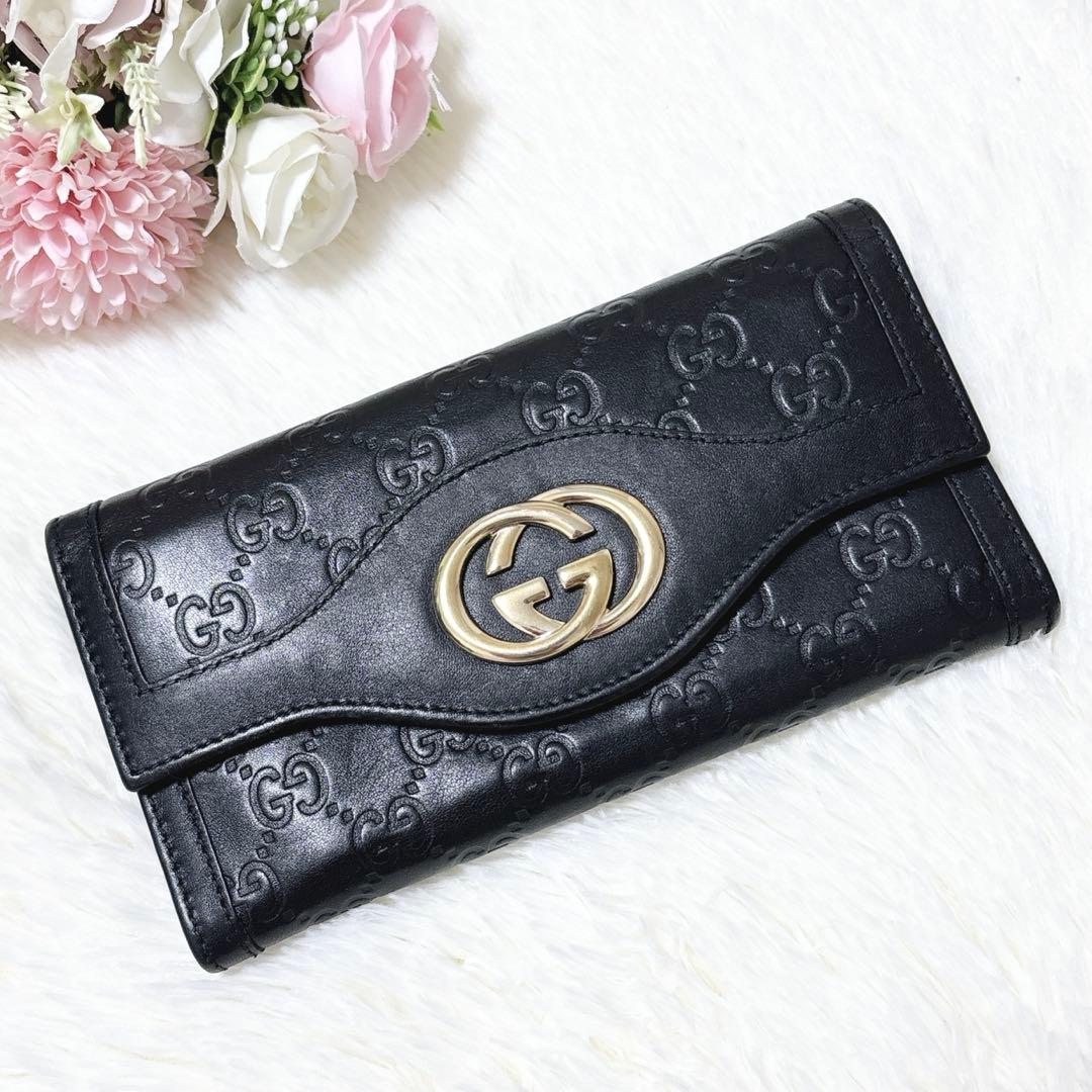 美品✨GUCCI シマ インターロッキング フラップ ブラック 長財布