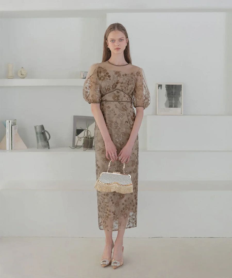 【新品未使用】Leja フラワーディテールパフスリーブIラインワンピースドレス